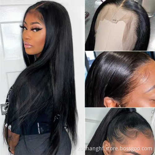 Hanfan Pre Plucked 30 32 34 36 38 40 Inch Peruvian Straight Human Hair 360 Lace Frontal Wig With Baby Hair Bleached Knots